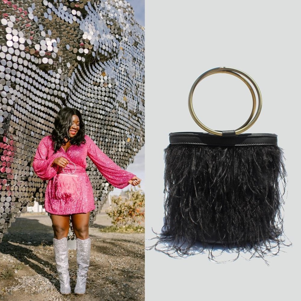 Free People Black Feathered Ring Handle Bag
